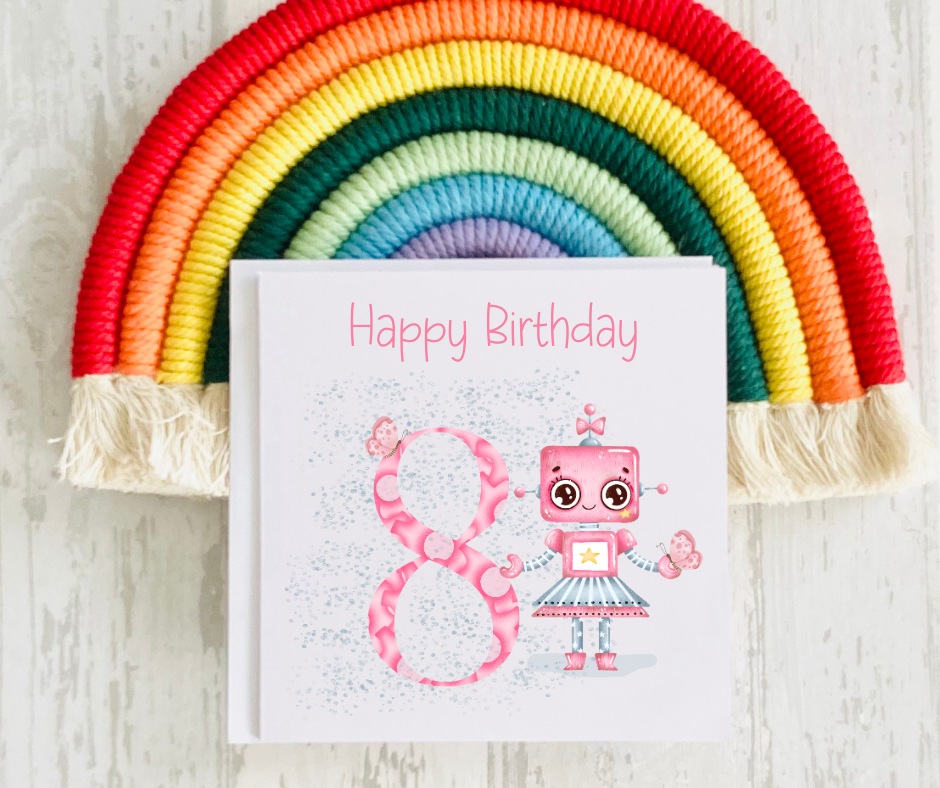 Robot Age Birthday Card - Pink or Blue Variations