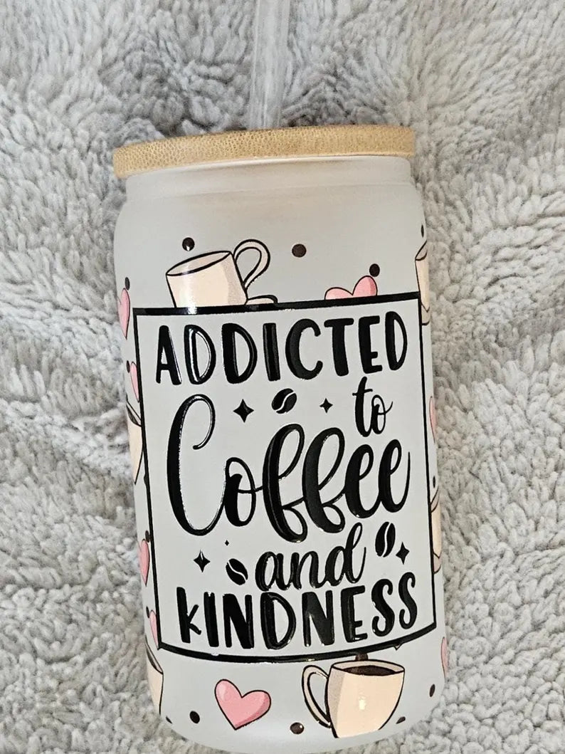 Coffee and Kindness Glass - 16oz Frosted Glass, Bamboo Lid & Plastic Straw