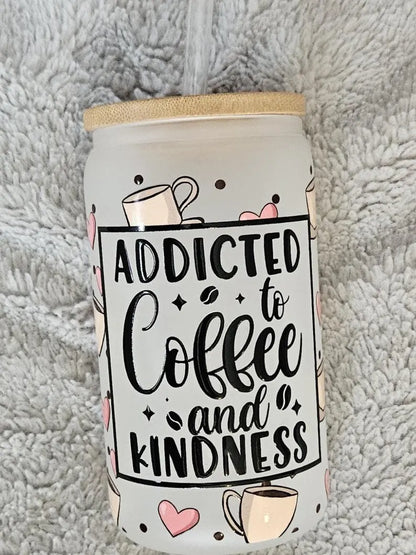 Coffee and Kindness Glass - 16oz Frosted Glass, Bamboo Lid & Plastic Straw