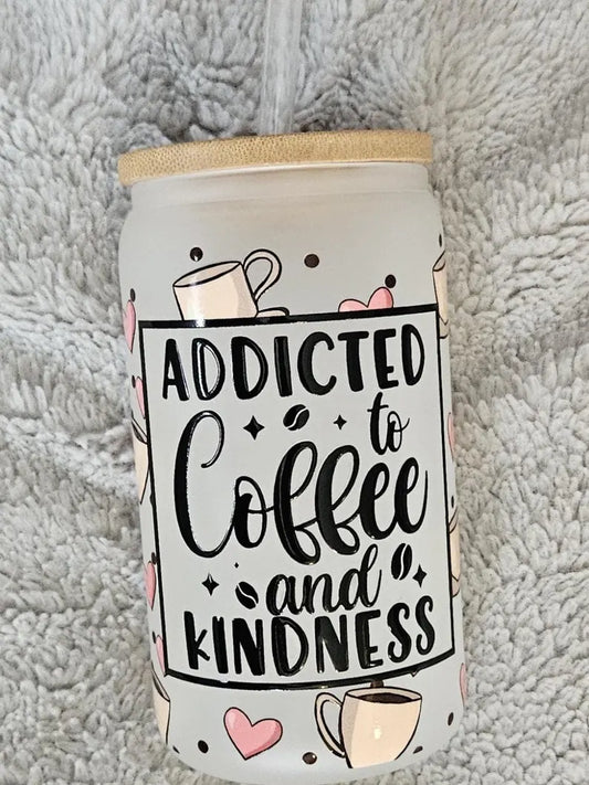 Coffee and Kindness Glass - 16oz Frosted Glass, Bamboo Lid & Plastic Straw