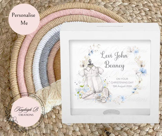 Personalised Christening Money Box - Blue or Pink Wreath Design