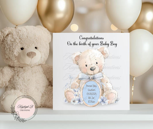 New Baby Card - Blue or Pink Bear with Birth Stats