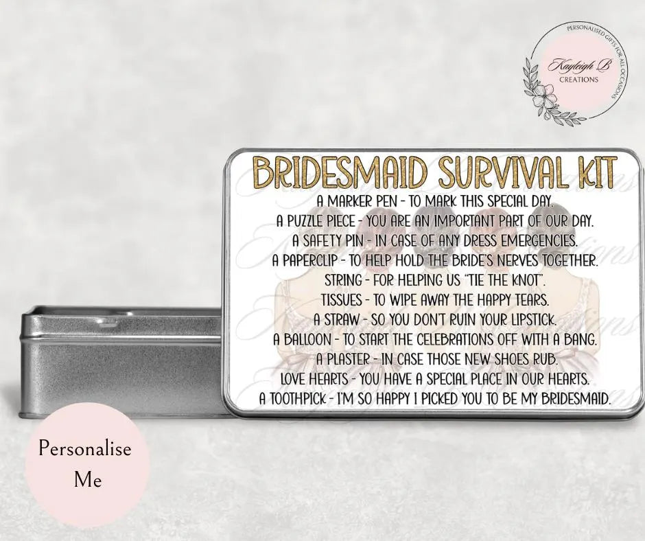 Wedding Themed Survival Tins - Choose from Bride, Bridesmaid, Groom or Groomsman, Unique Gift