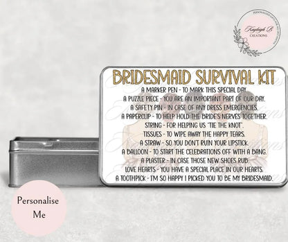 Wedding Themed Survival Tins - Choose from Bride, Bridesmaid, Groom or Groomsman, Unique Gift