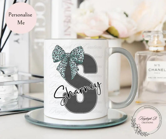 Personalised Initial Mug - Leopard print Bow in three different colours, Gift for her, Bow, Pretty