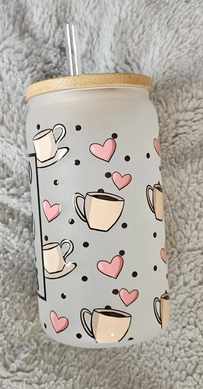 Coffee and Kindness Glass - 16oz Frosted Glass, Bamboo Lid & Plastic Straw