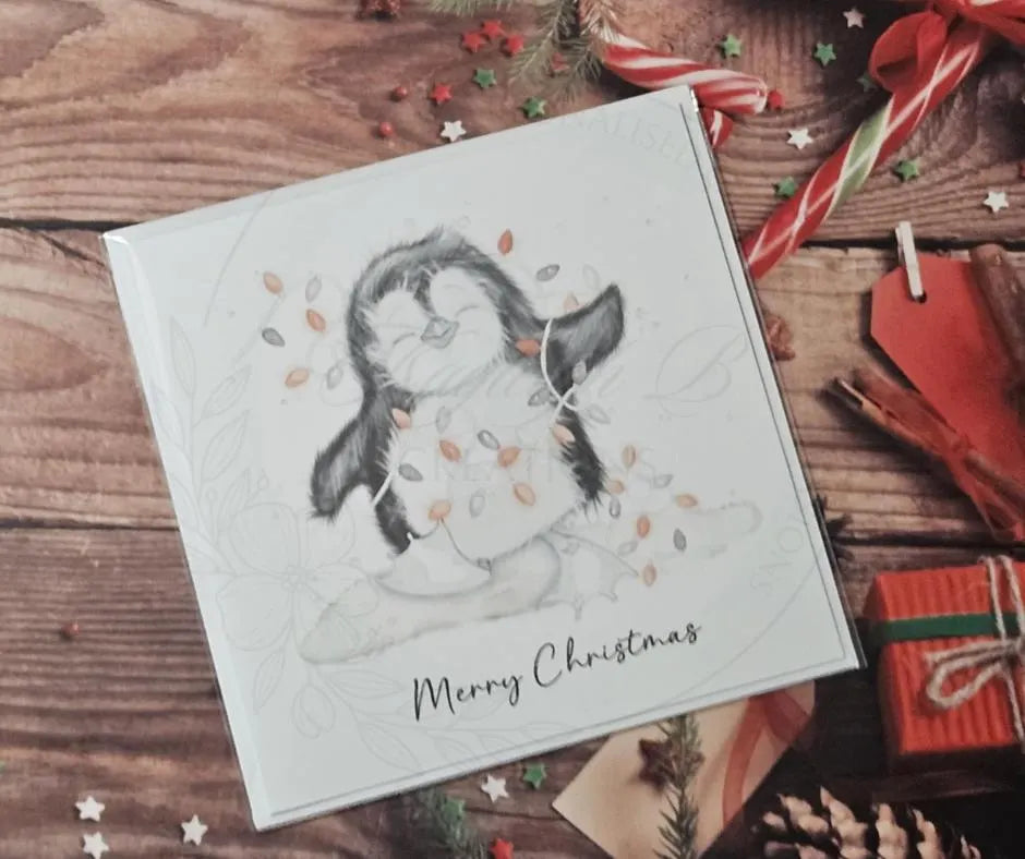 Penguin & Fairy Lights Christmas Card