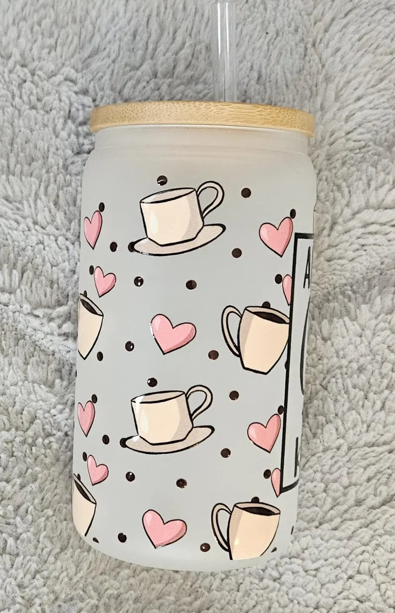 Coffee and Kindness Glass - 16oz Frosted Glass, Bamboo Lid & Plastic Straw