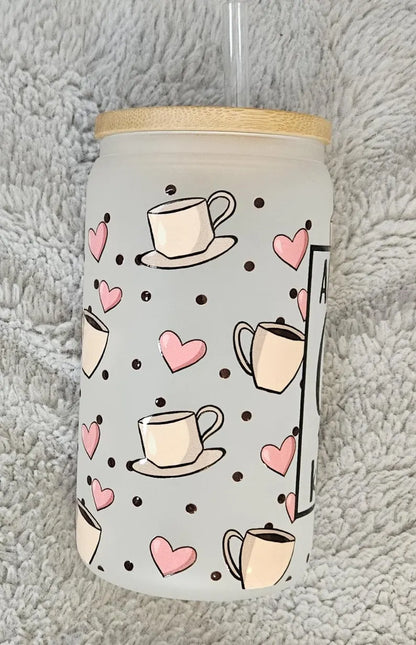 Coffee and Kindness Glass - 16oz Frosted Glass, Bamboo Lid & Plastic Straw