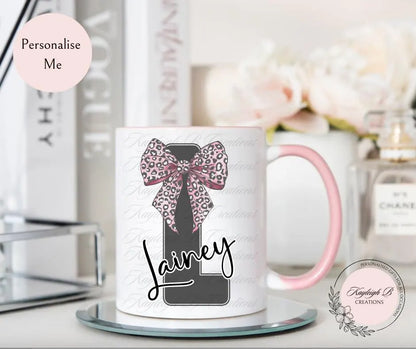 Personalised Initial Mug - Leopard print Bow in three different colours, Gift for her, Bow, Pretty
