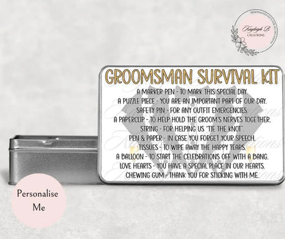 Wedding Themed Survival Tins - Choose from Bride, Bridesmaid, Groom or Groomsman, Unique Gift