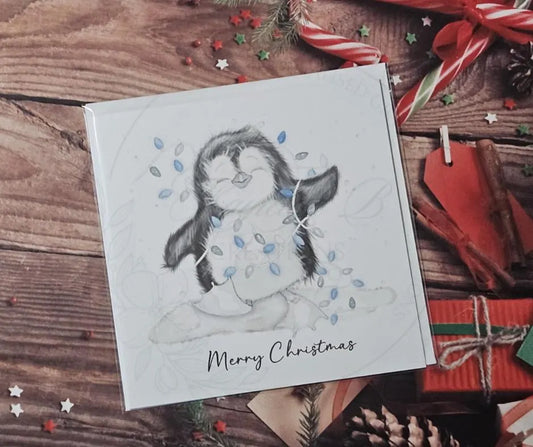 Penguin & Fairy Lights Christmas Card
