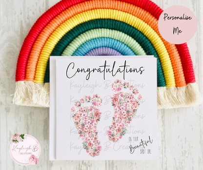 New Baby Card - Floral Baby Feet Design