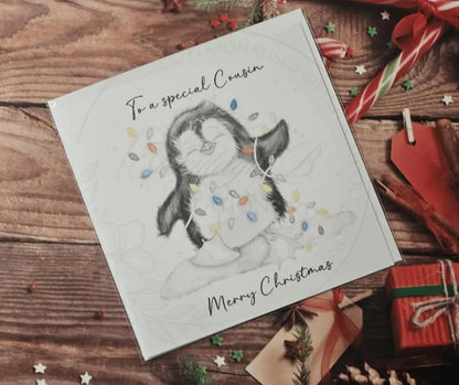 Penguin & Fairy Lights Christmas Card