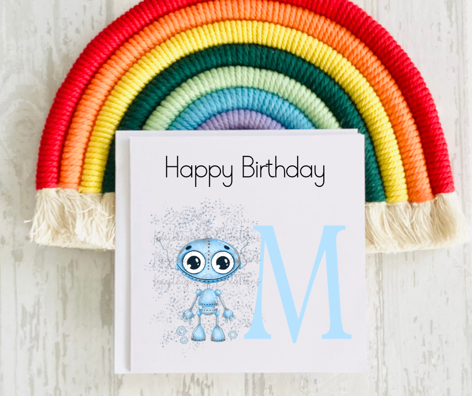 Robot Alphabet/Initial Birthday Card - Pink or Blue Variations