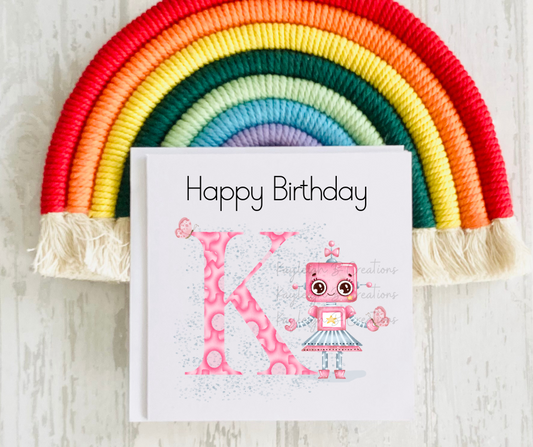Robot Alphabet/Initial Birthday Card - Pink or Blue Variations